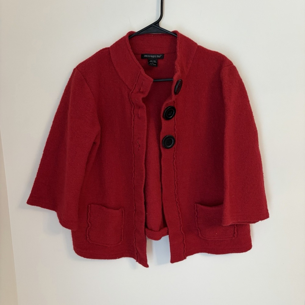 Moonlight Bay 100% Wool Women's Large Red Sweater Pockets Buttons 3/4 Sleeve